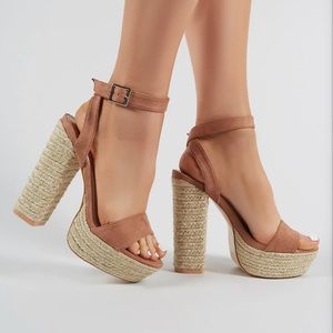 Public Desire Hanalei Espadrille Block Heels in Mocha Faux Suede